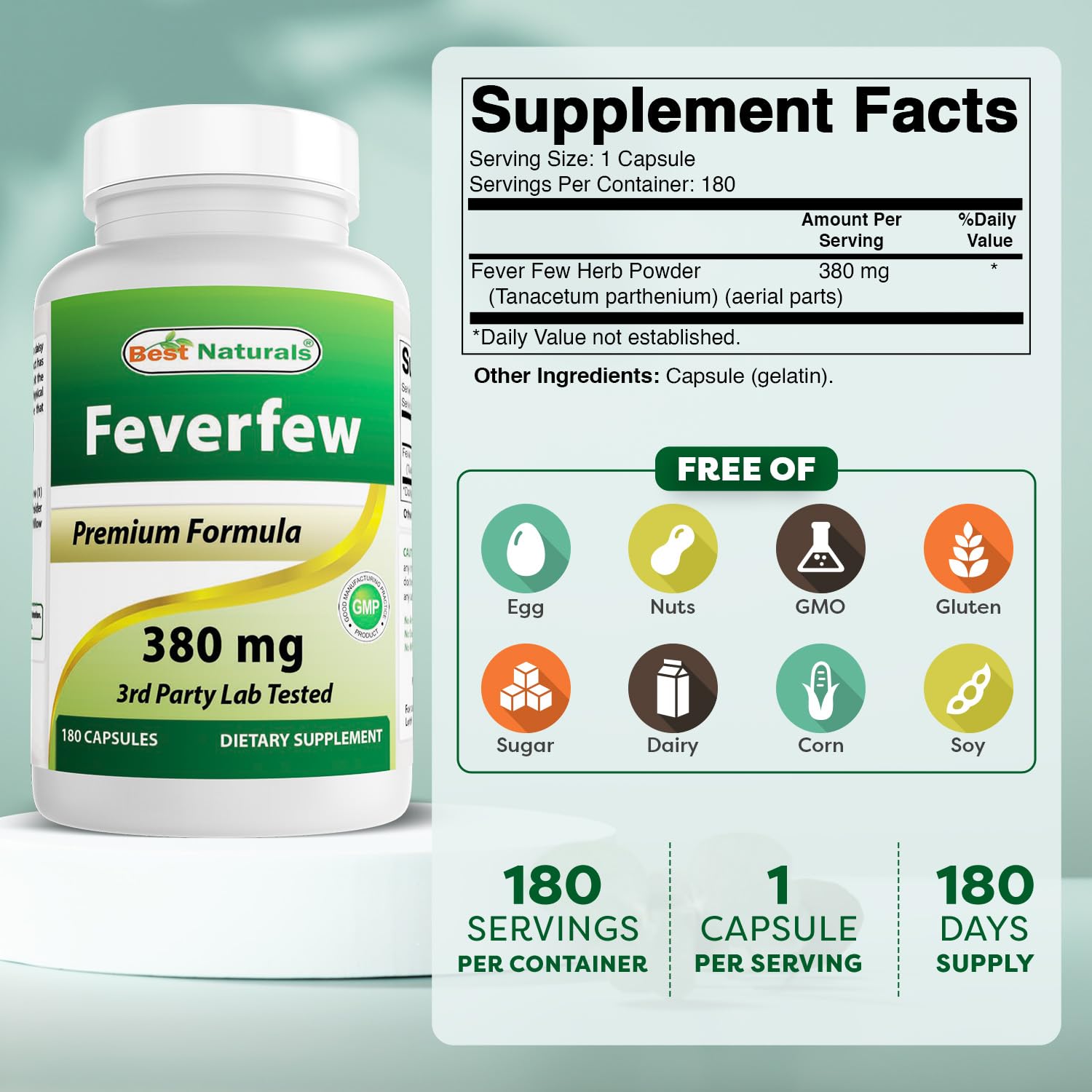 Best Naturals Feverfew Capsules side view showing label