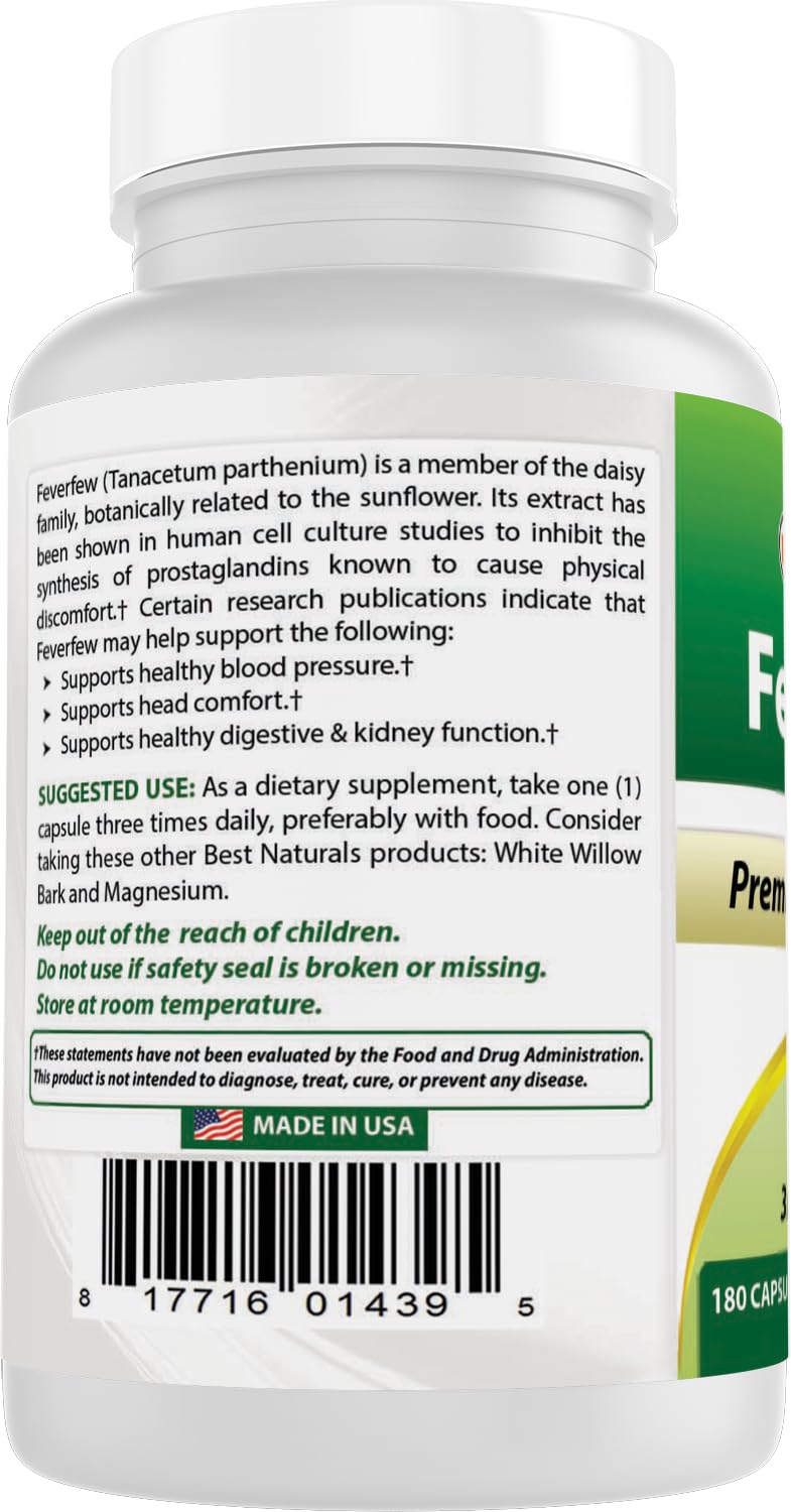 Best Naturals Feverfew Capsules with a glass of water