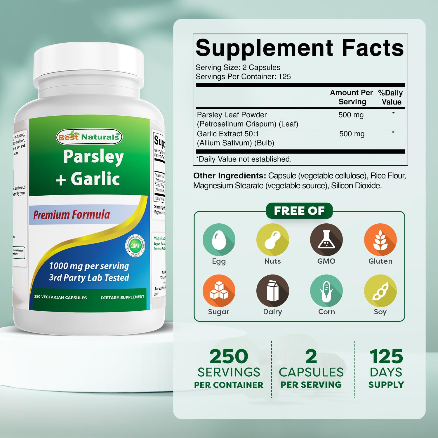 Best Naturals Garlic Extract 250 capsules bottle side view