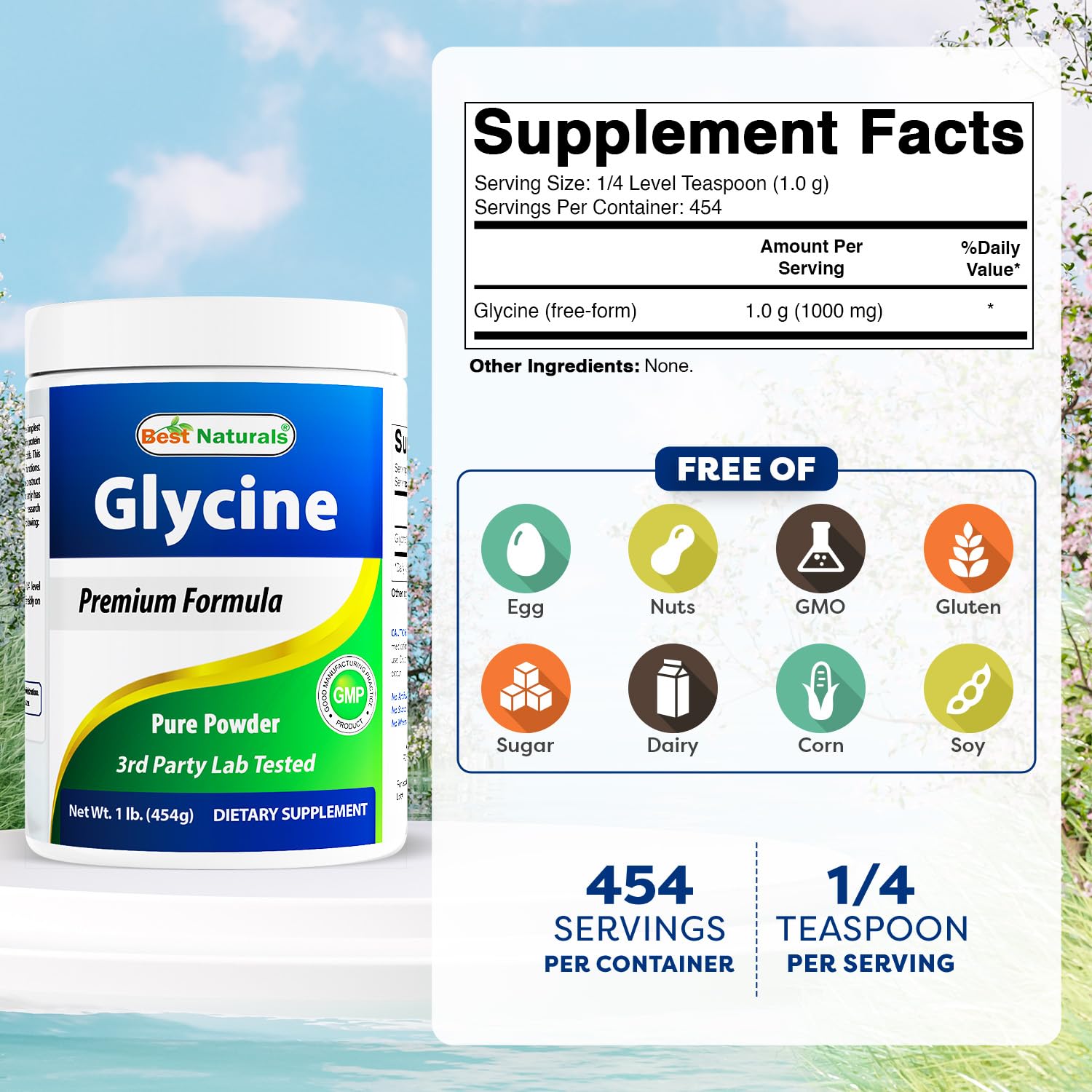 Best Naturals Glycine Powder 508g jar back view with ingredient details
