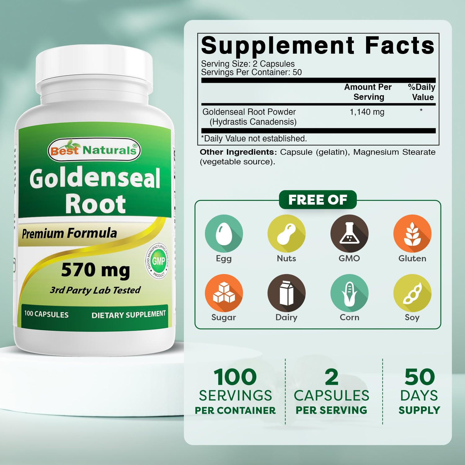 Best Naturals Goldenseal Root Capsules 570mg side view