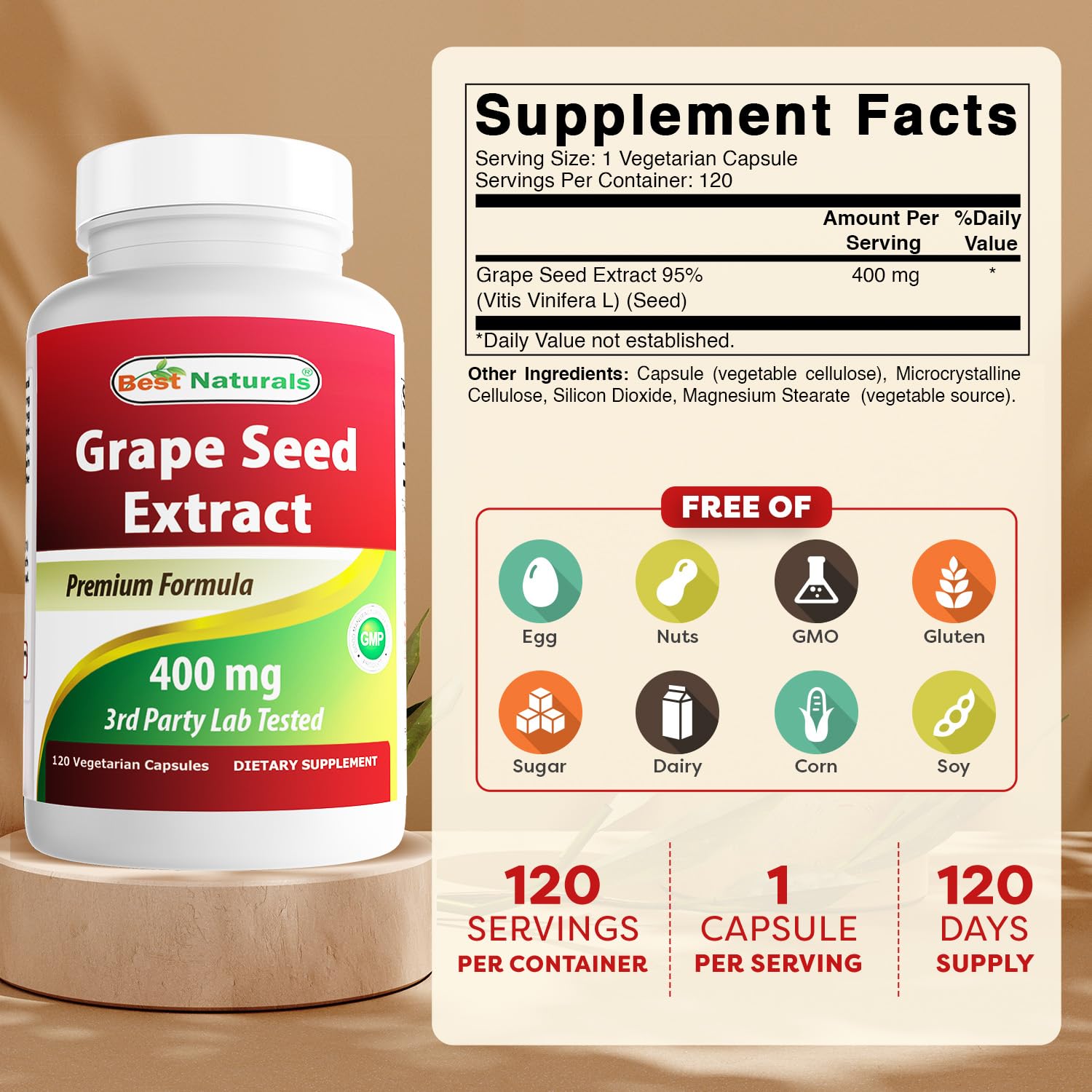 Best Naturals Grape Seed Extract 400mg 120 Capsules side view