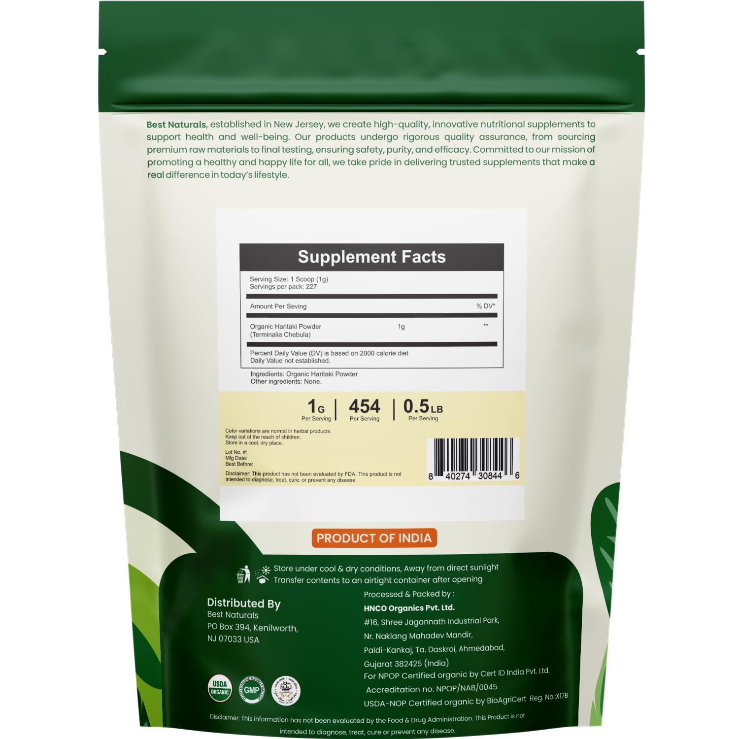 Best Naturals Haritaki Powder 240g container with scoop