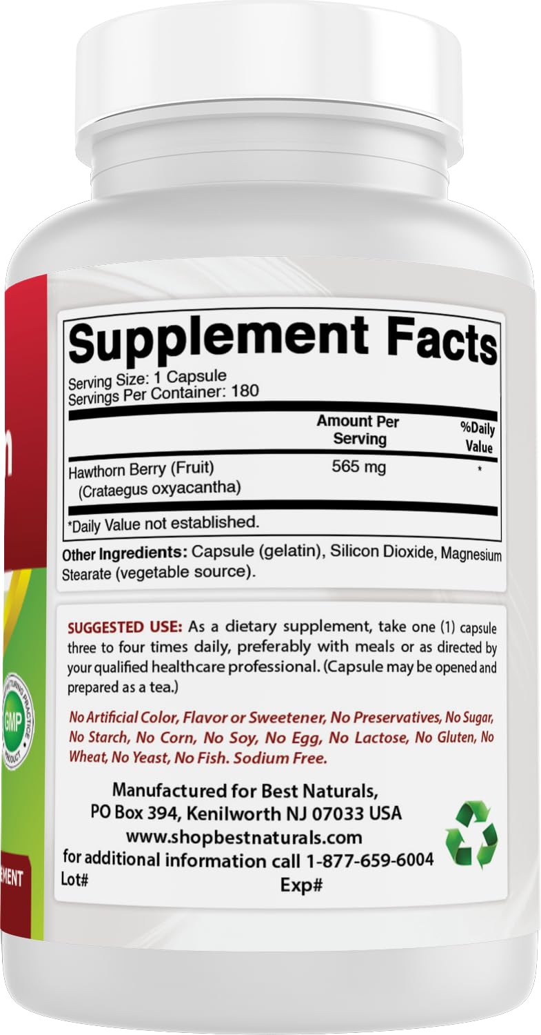 Best Naturals Hawthorn Berry Capsules 560mg on a wooden table