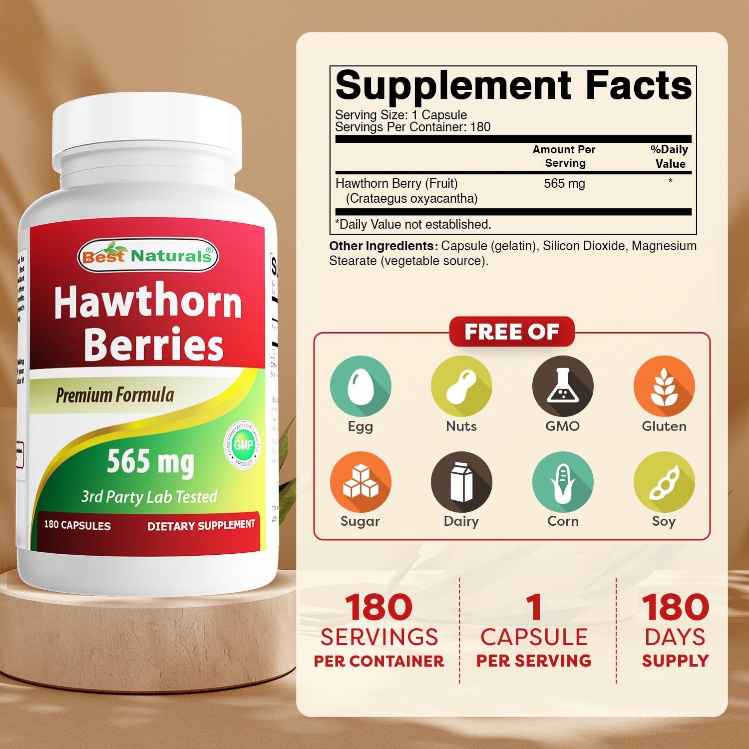 Best Naturals Hawthorn Berry Capsules 560mg side view