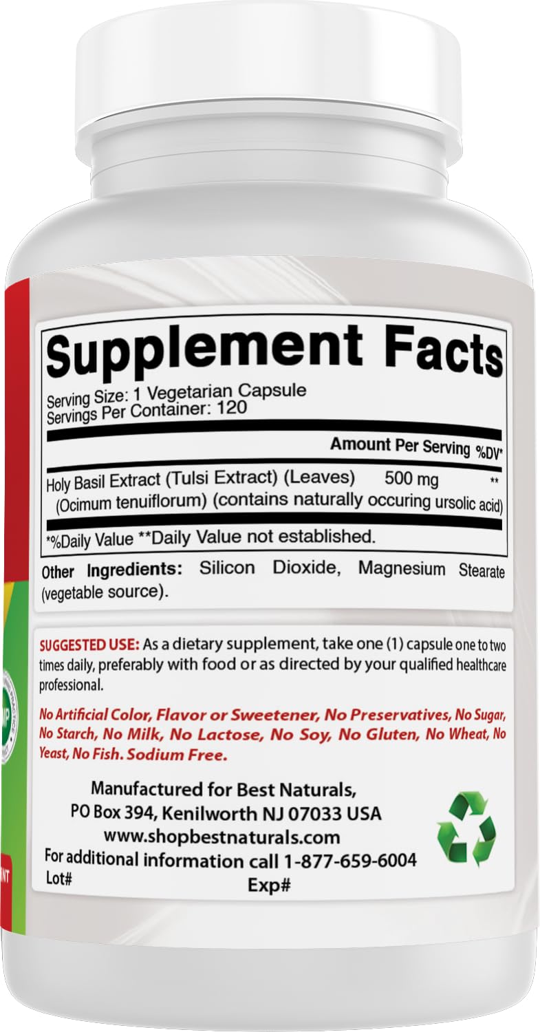 Best Naturals Holy Basil Extract capsules next to a measuring spoon