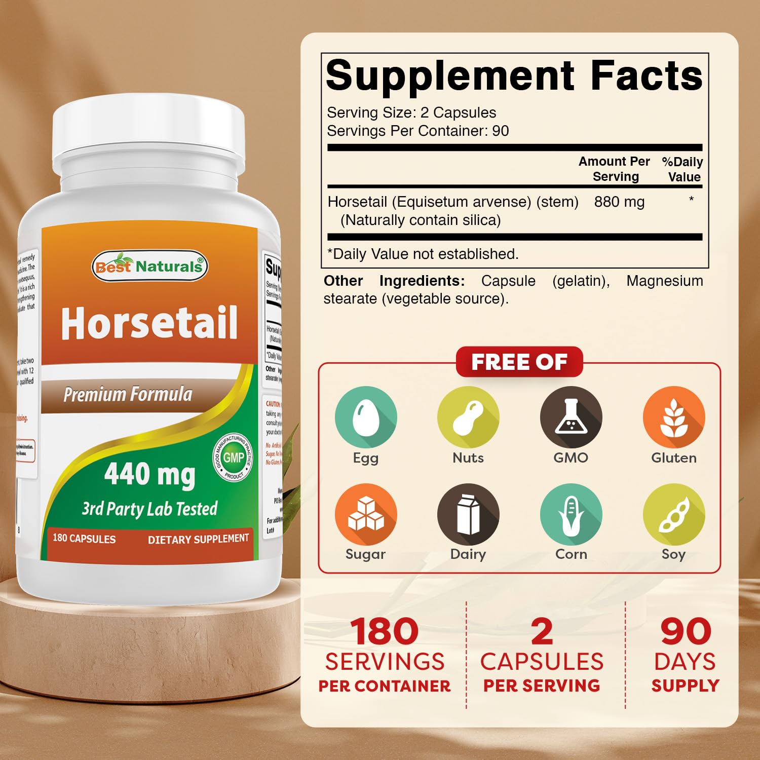 Best Naturals Horsetail Capsules 440mg side view showing label
