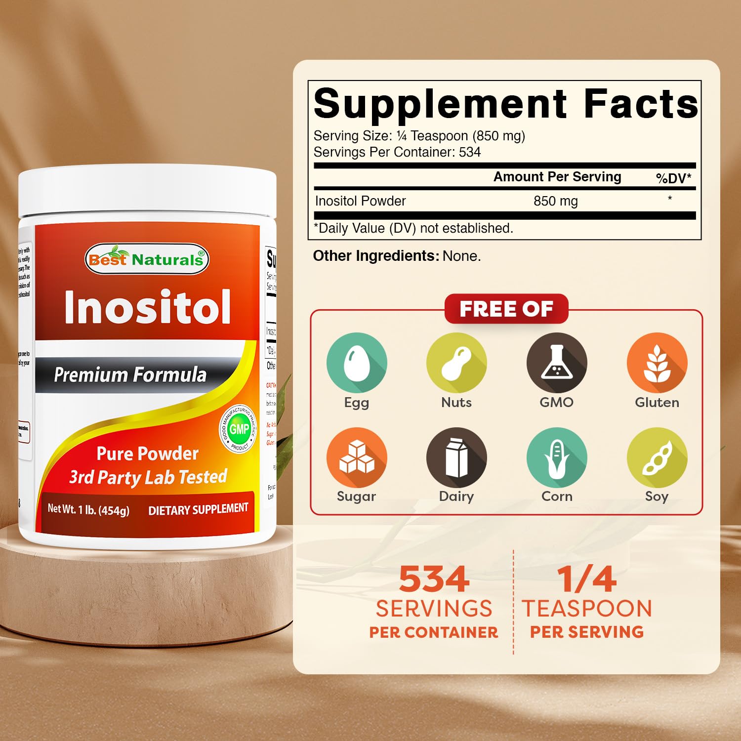 Best Naturals Inositol Powder 850 mg back view with ingredients