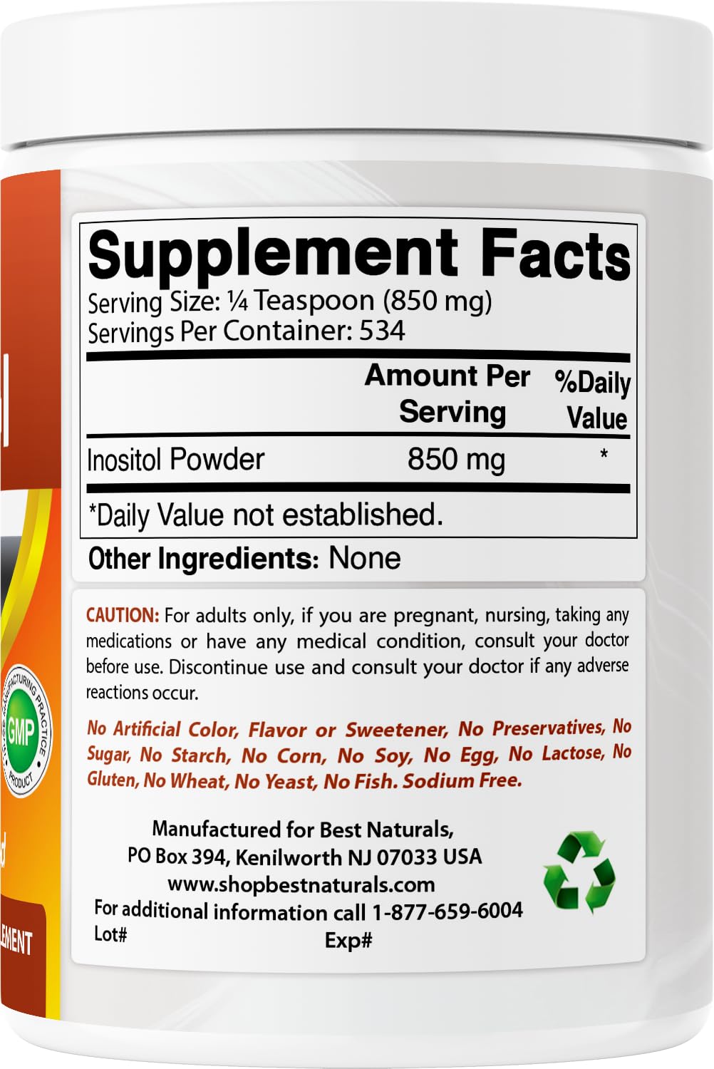 Best Naturals Inositol Powder 850 mg packaging details