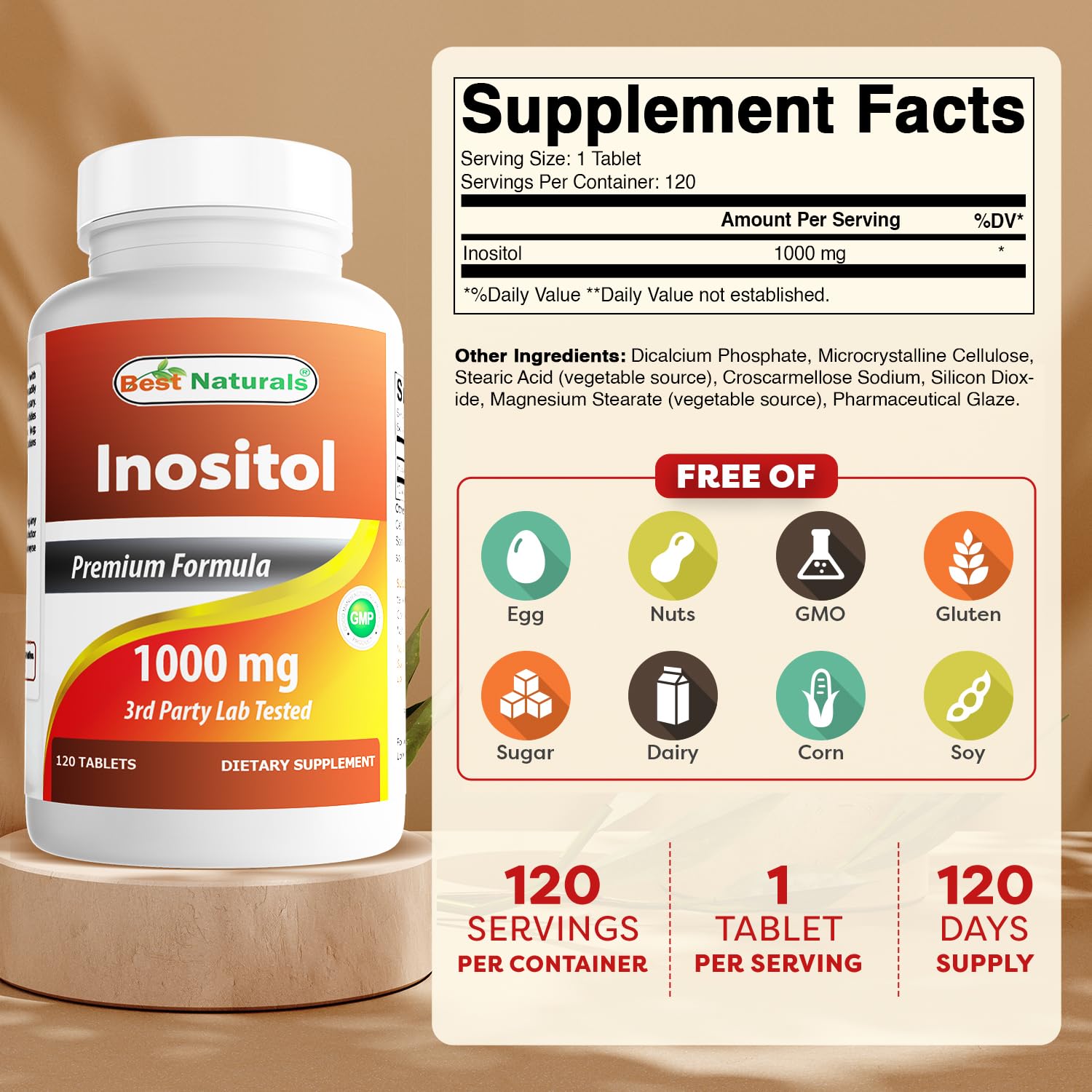 Best Naturals Inositol Tablets 1000 mg side view with label