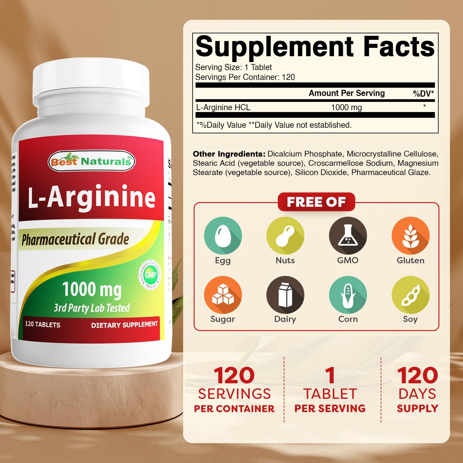 Best Naturals L-Arginine 1000mg 120 Tablets side view