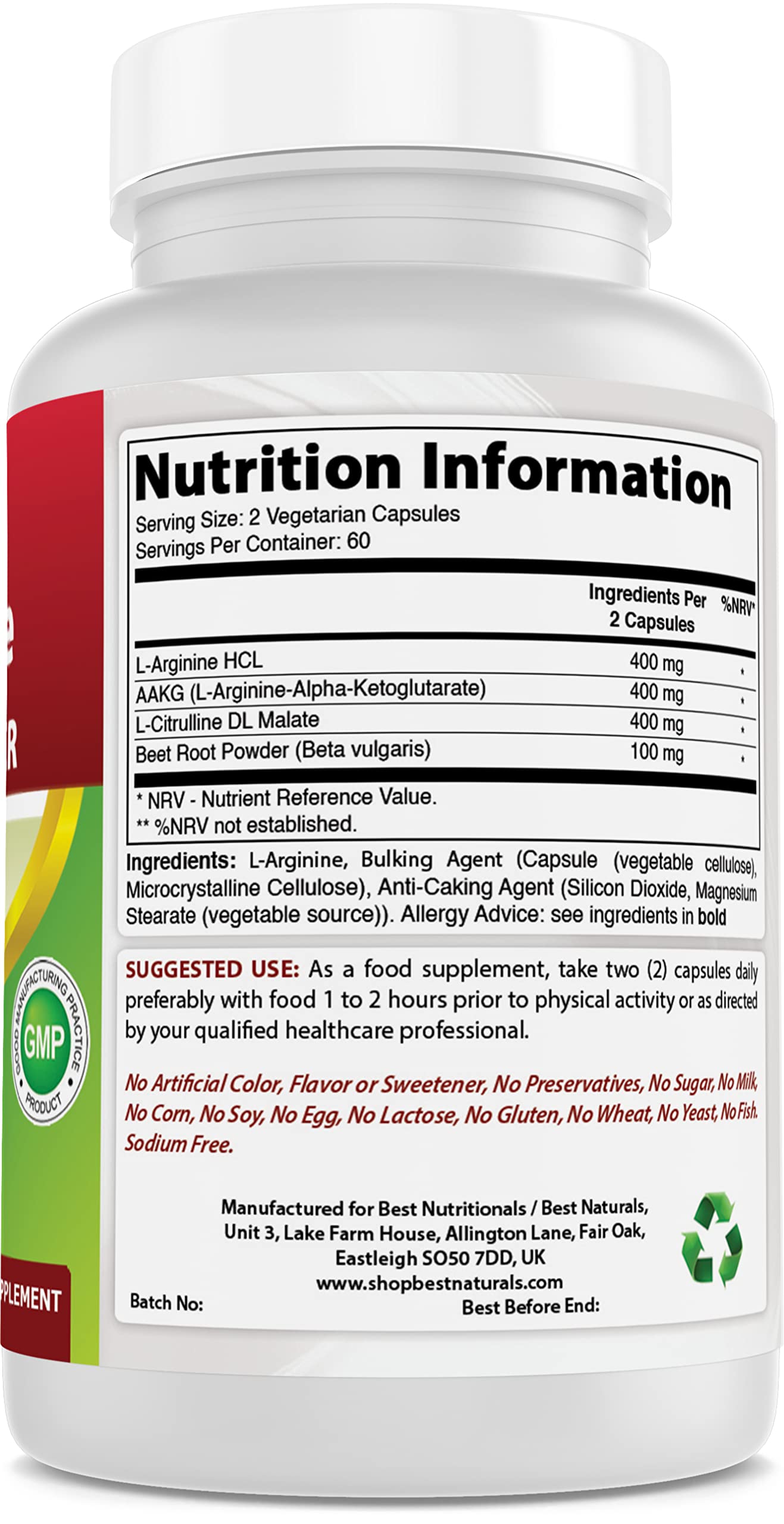 Best Naturals L-Arginine 1300mg vegetarian capsules on a wooden table