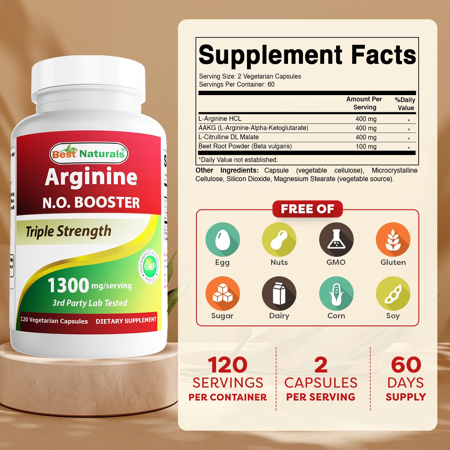 Best Naturals L-Arginine 1300mg vegetarian capsules side view