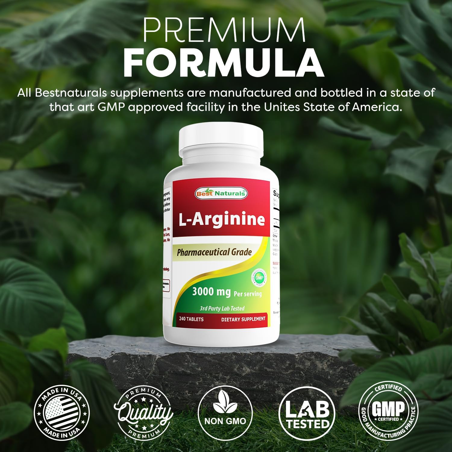 Best Naturals L-Arginine 3000mg supplement bottle back view