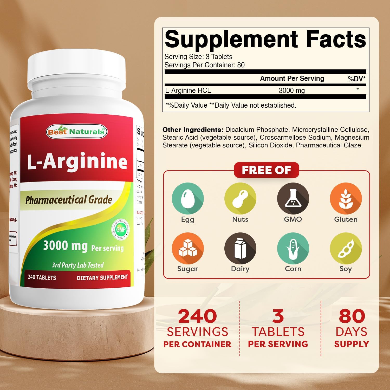 Best Naturals L-Arginine 3000mg supplement bottle side view