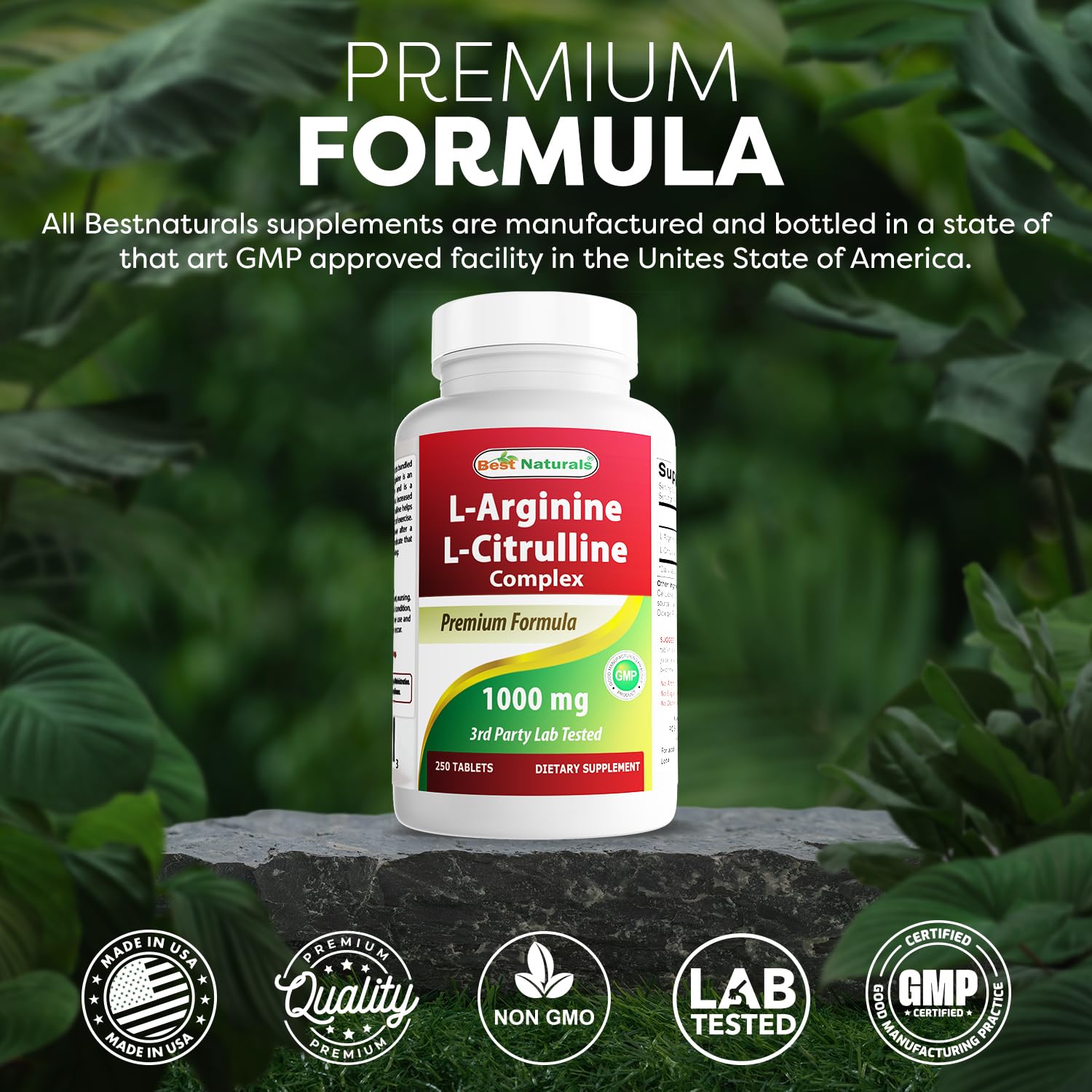 Best Naturals L-Arginine L-Citrulline Complex 1000 mg bottle on a wooden surface