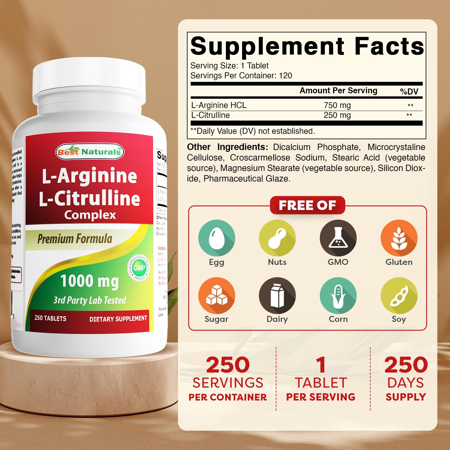 Best Naturals L-Arginine L-Citrulline Complex 250 Tablets bottle side view