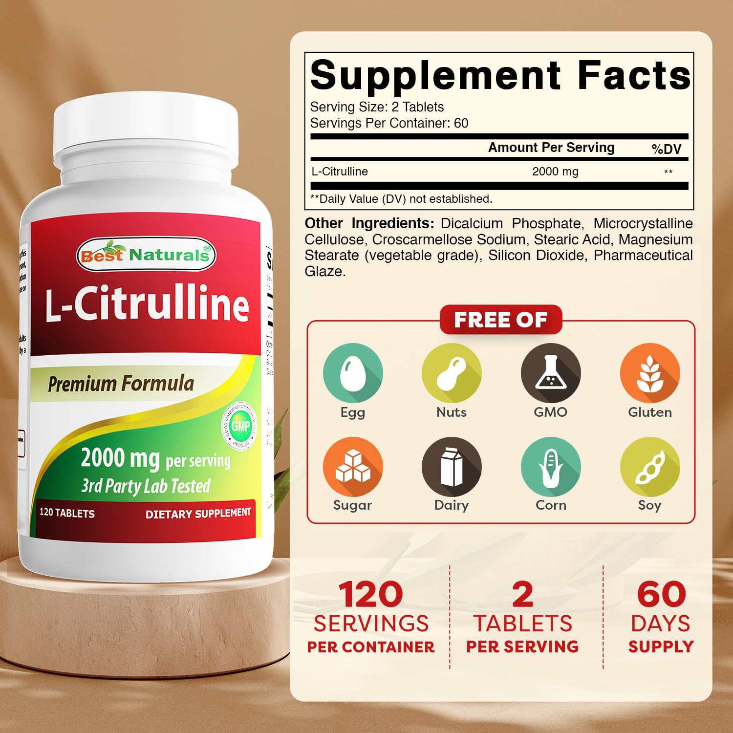Best Naturals L-Citrulline 2000mg 120 Tablets side view