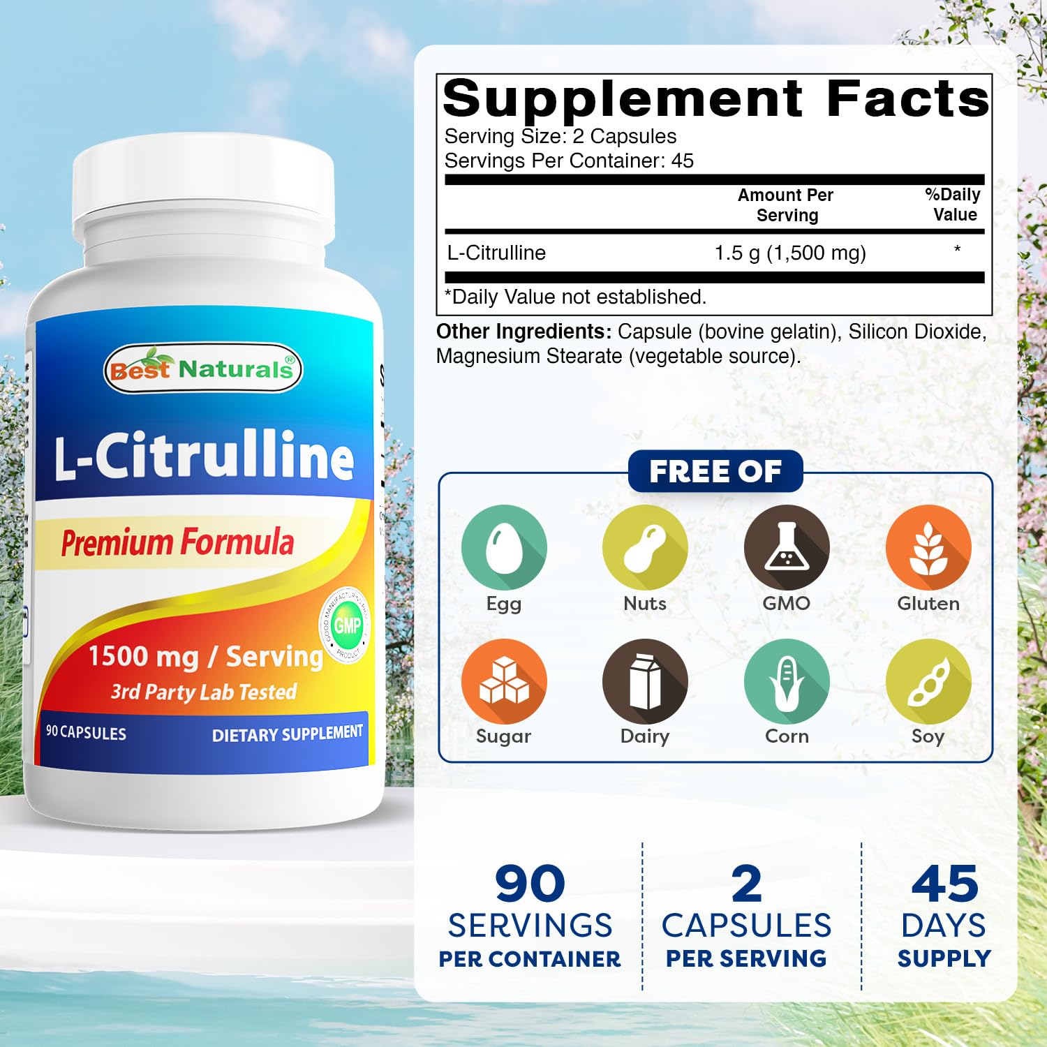 Best Naturals L-Citrulline Capsules 1500 mg bottle side view