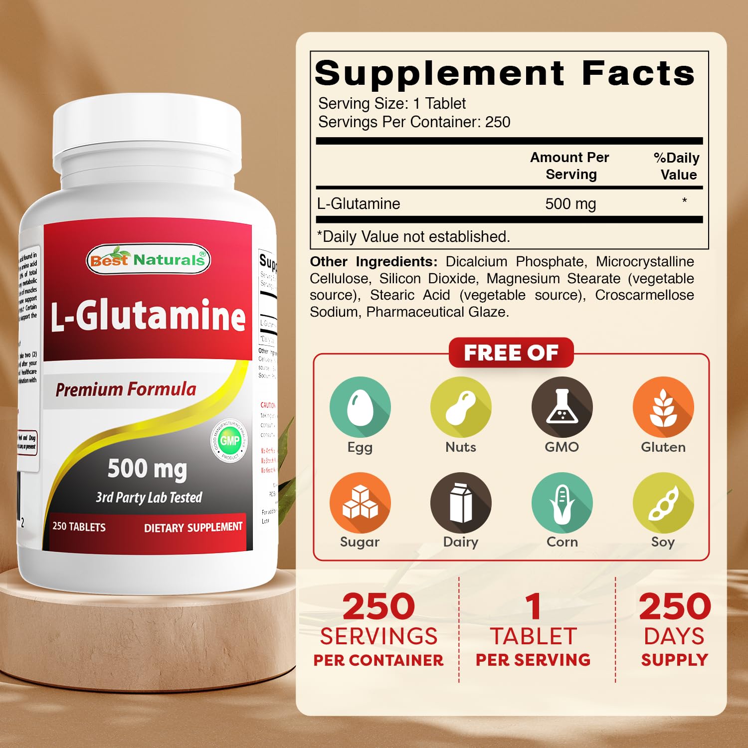 Best Naturals L-Glutamine 250 Tablets side view