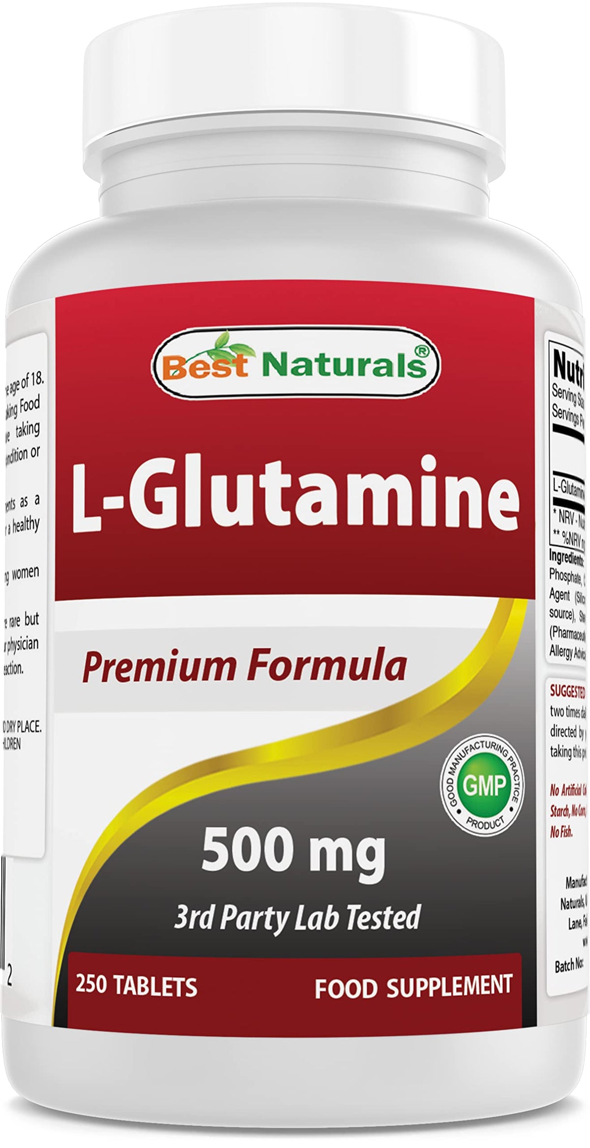 Best Naturals L-Glutamine 500mg 250 Tablets front view