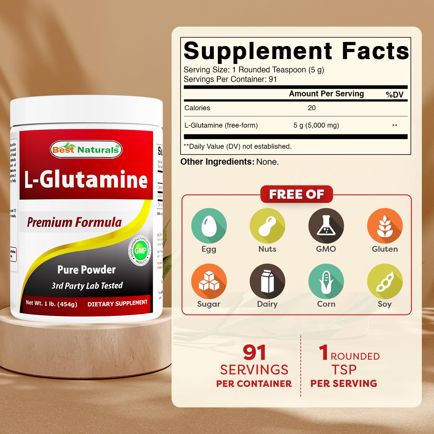 Best Naturals L-Glutamine Powder 454g back view