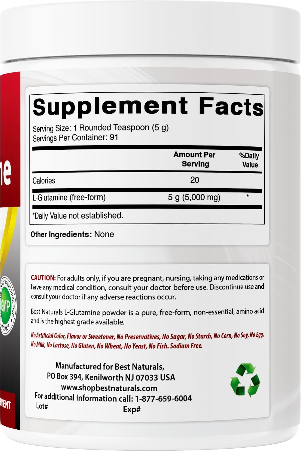 Best Naturals L-Glutamine Powder with a glass of water