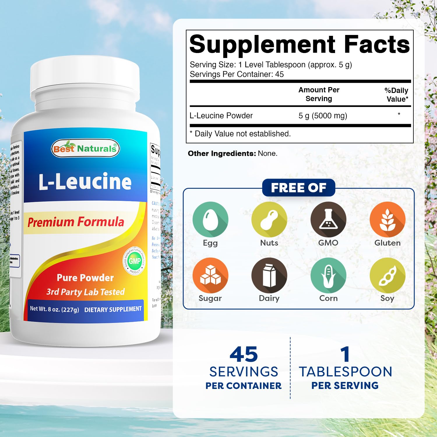 Best Naturals L-Leucine Pure Powder 280g back view with ingredients