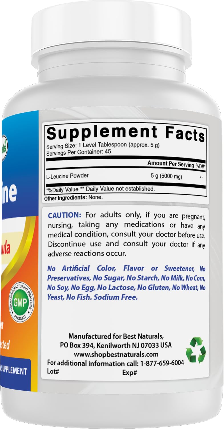 Best Naturals L-Leucine Pure Powder 280g packaging on a kitchen counter