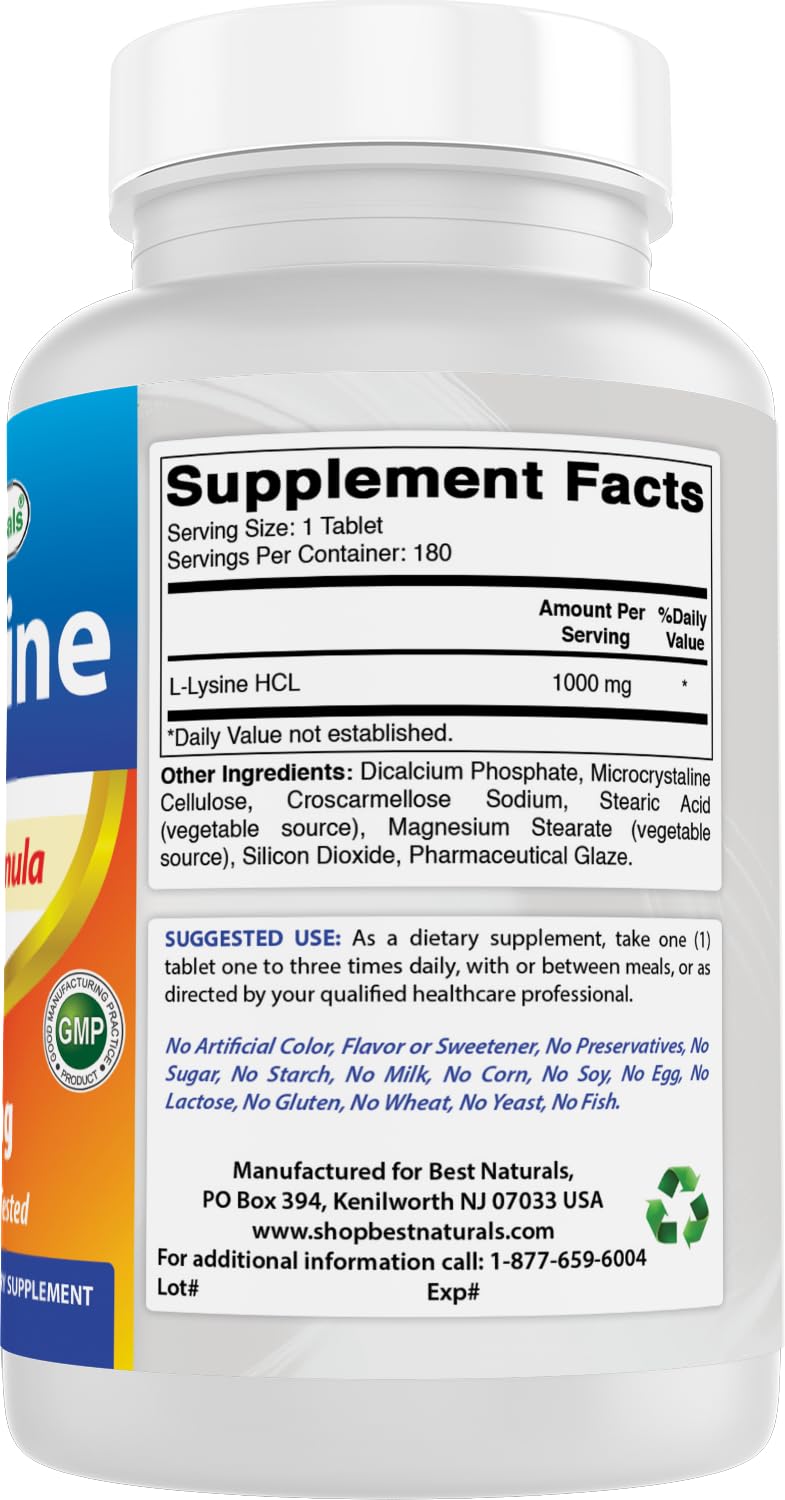 Best Naturals L-Lysine 1000 mg 180 Tablets on wooden table