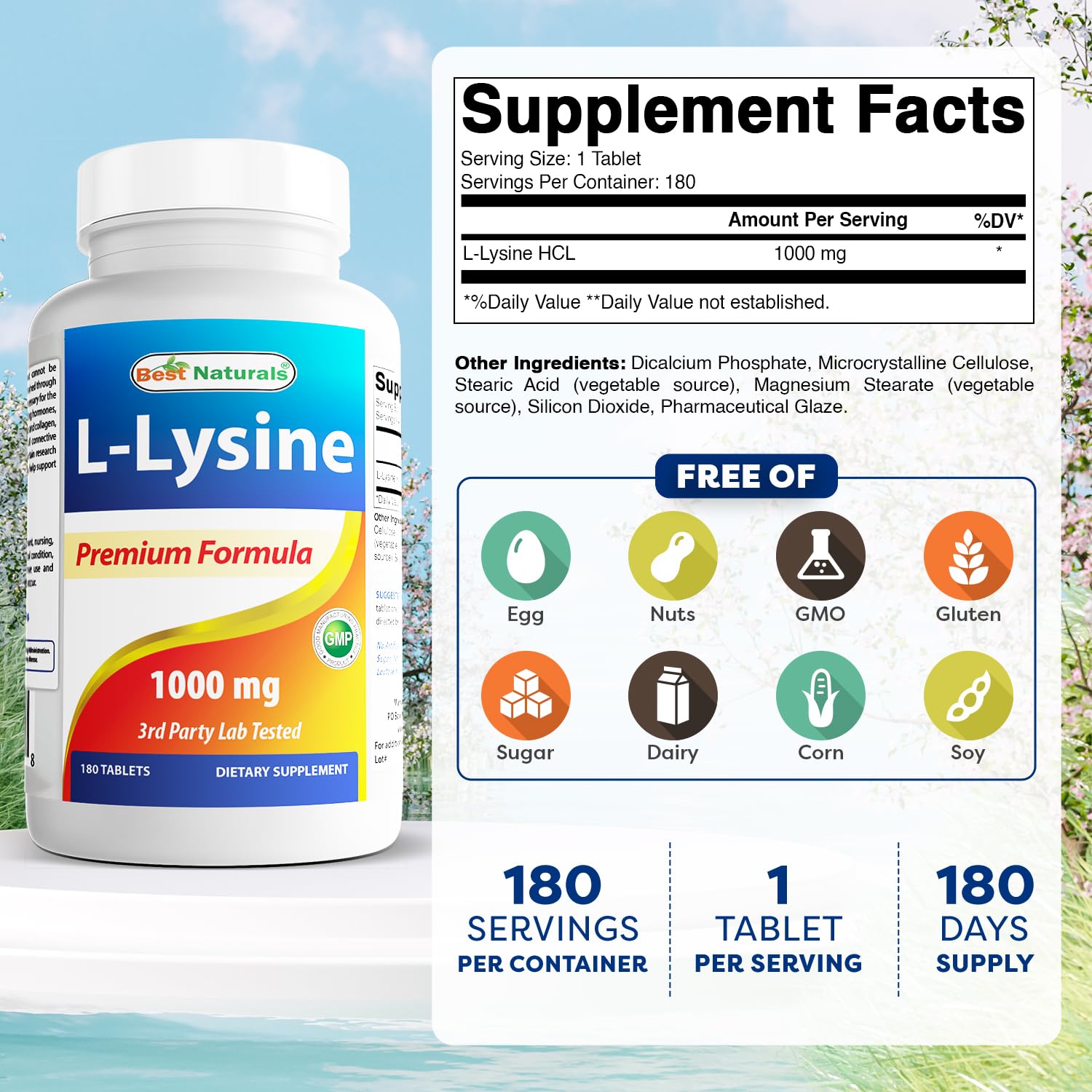 Best Naturals L-Lysine 1000 mg 180 Tablets side view