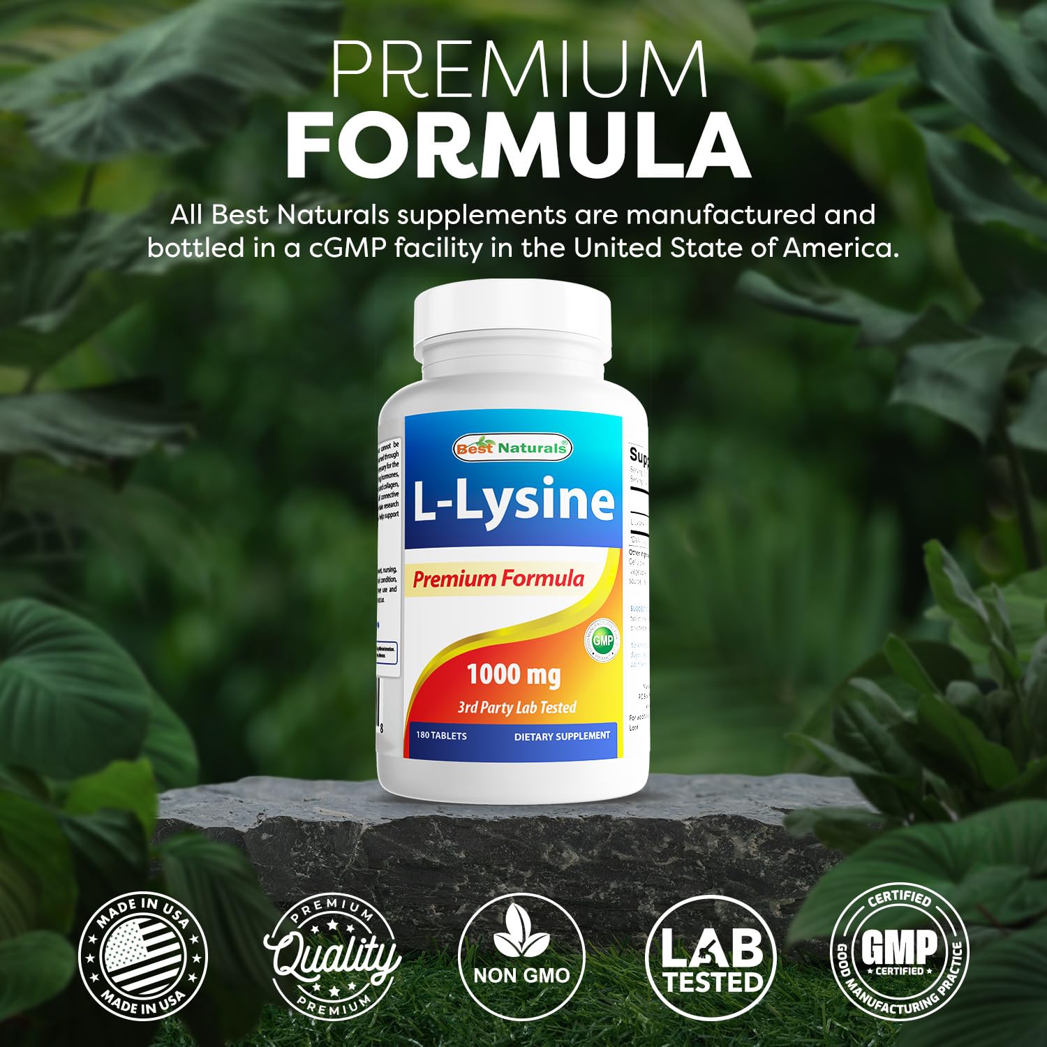 Best Naturals L-Lysine 1000 mg bottle on a wooden table