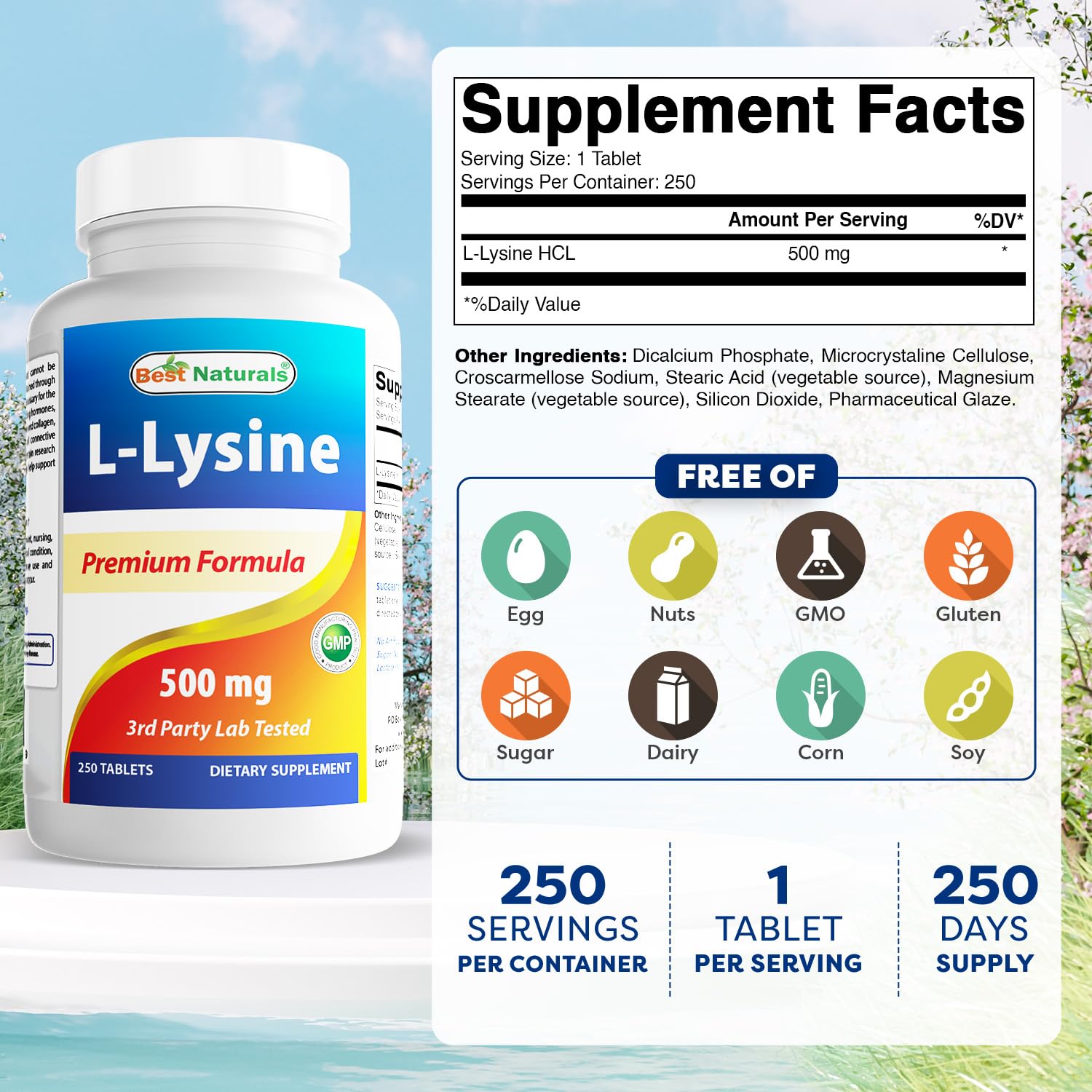 Best Naturals L-Lysine 250 Tablets bottle side view