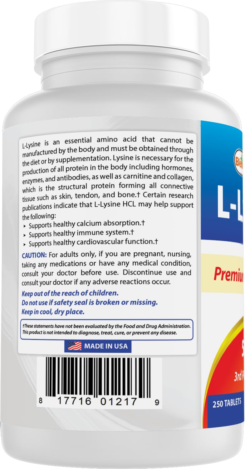 Best Naturals L-Lysine 250 Tablets on a wooden table