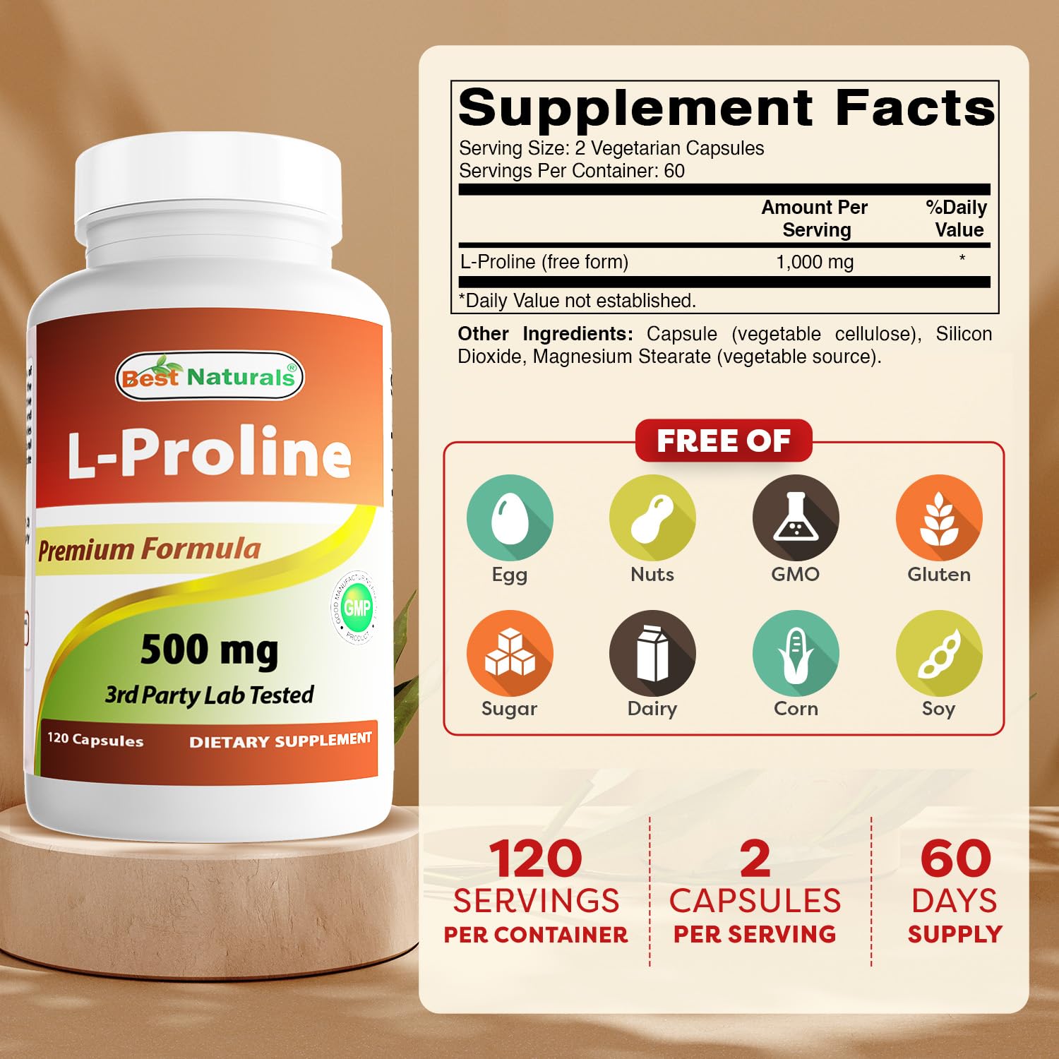 Best Naturals L-Proline 500mg bottle with 120 capsules