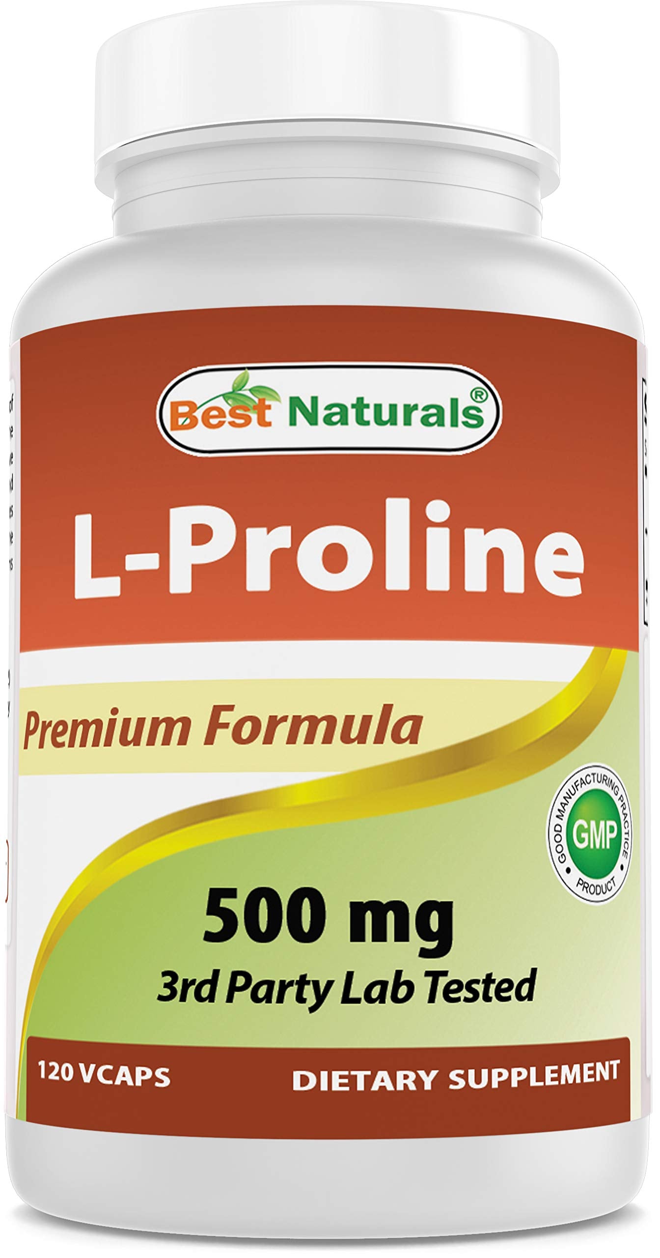 Best Naturals L-Proline 500mg Vegetarian Capsules front view