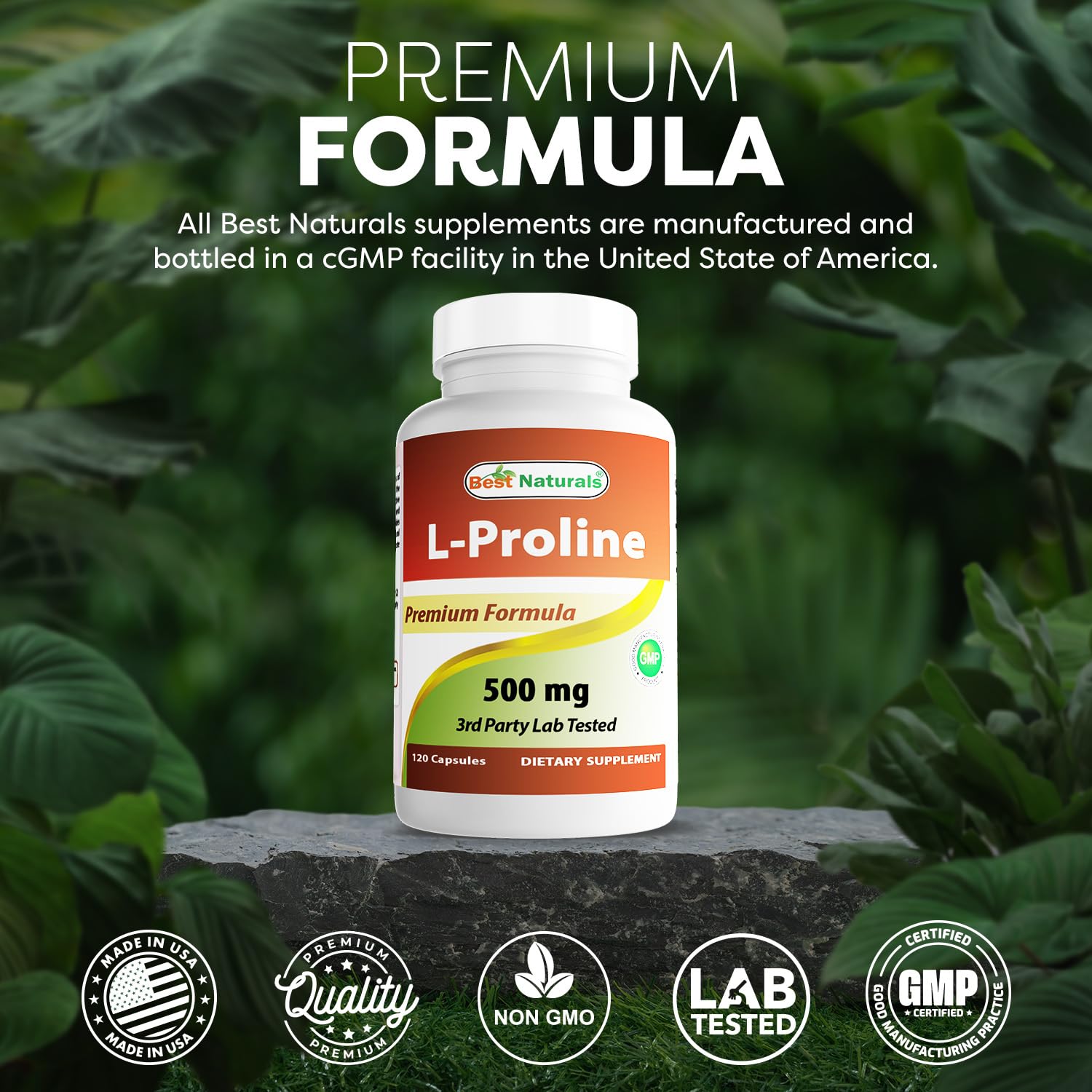 Best Naturals L-Proline capsules on a wooden table