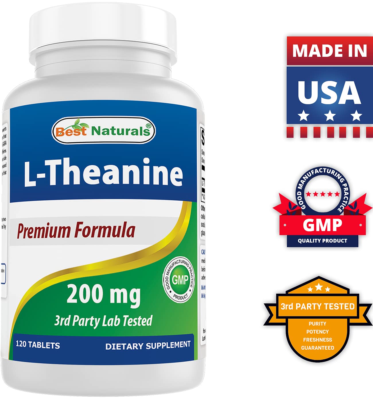 Best Naturals L-Theanine 200mg Tablets displayed with other supplements