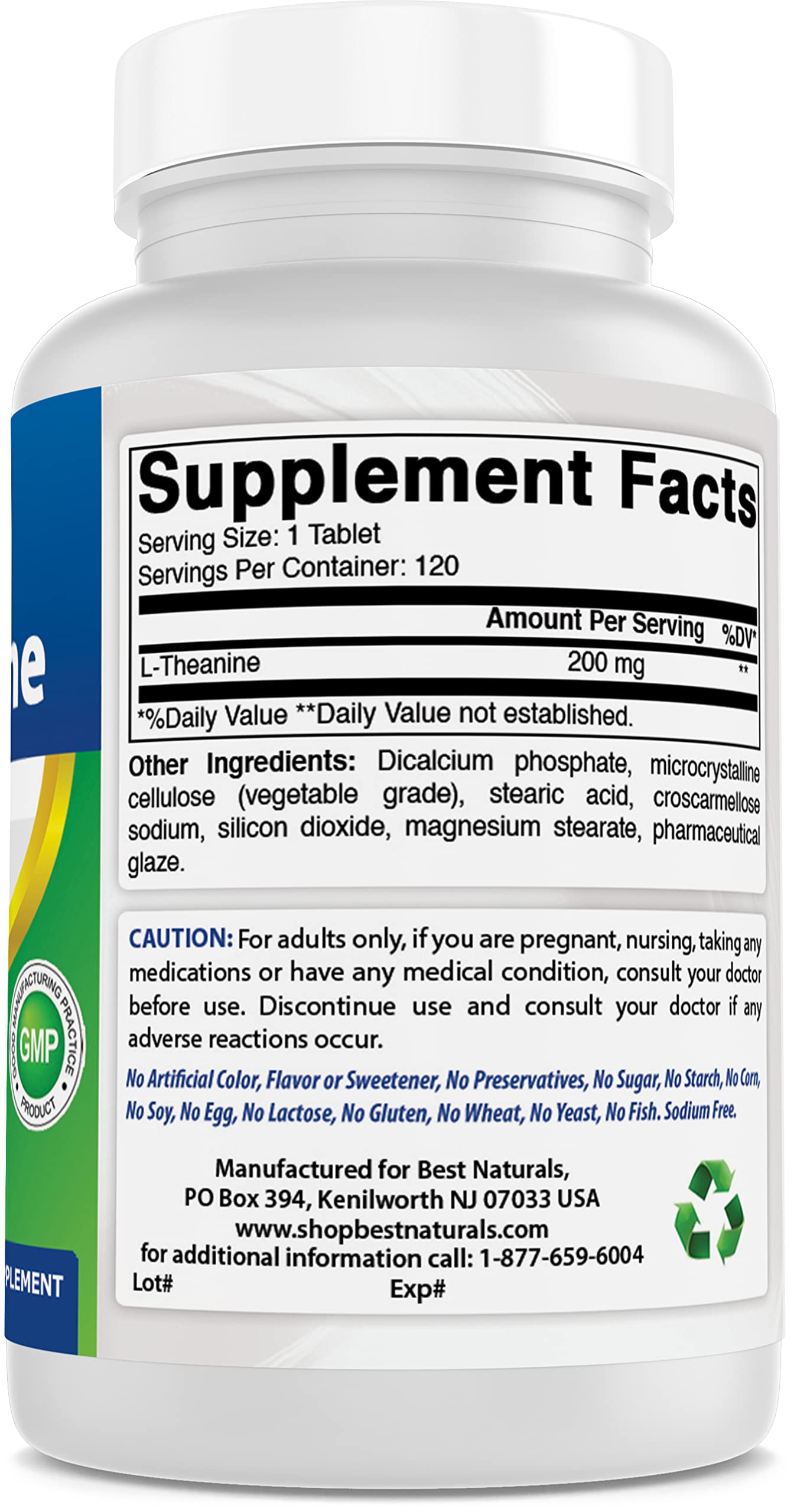 Best Naturals L-Theanine 200mg Tablets ingredients list on bottle