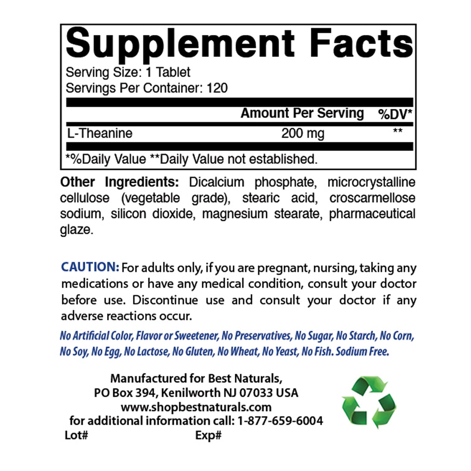 Best Naturals L-Theanine 200mg Tablets side view showing label