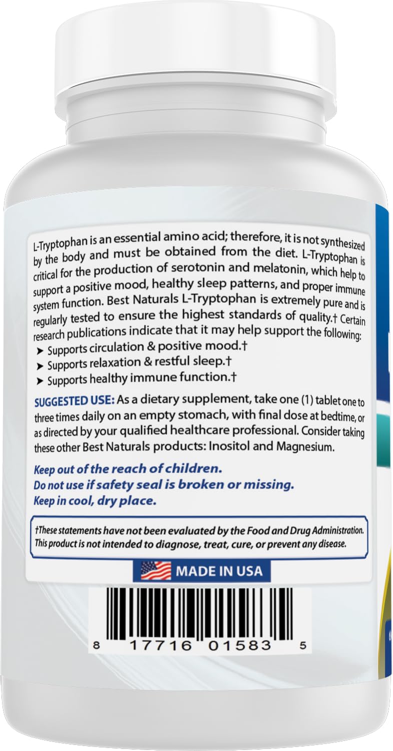 Best Naturals L-Tryptophan 1000 mg 60 Tablets on a table