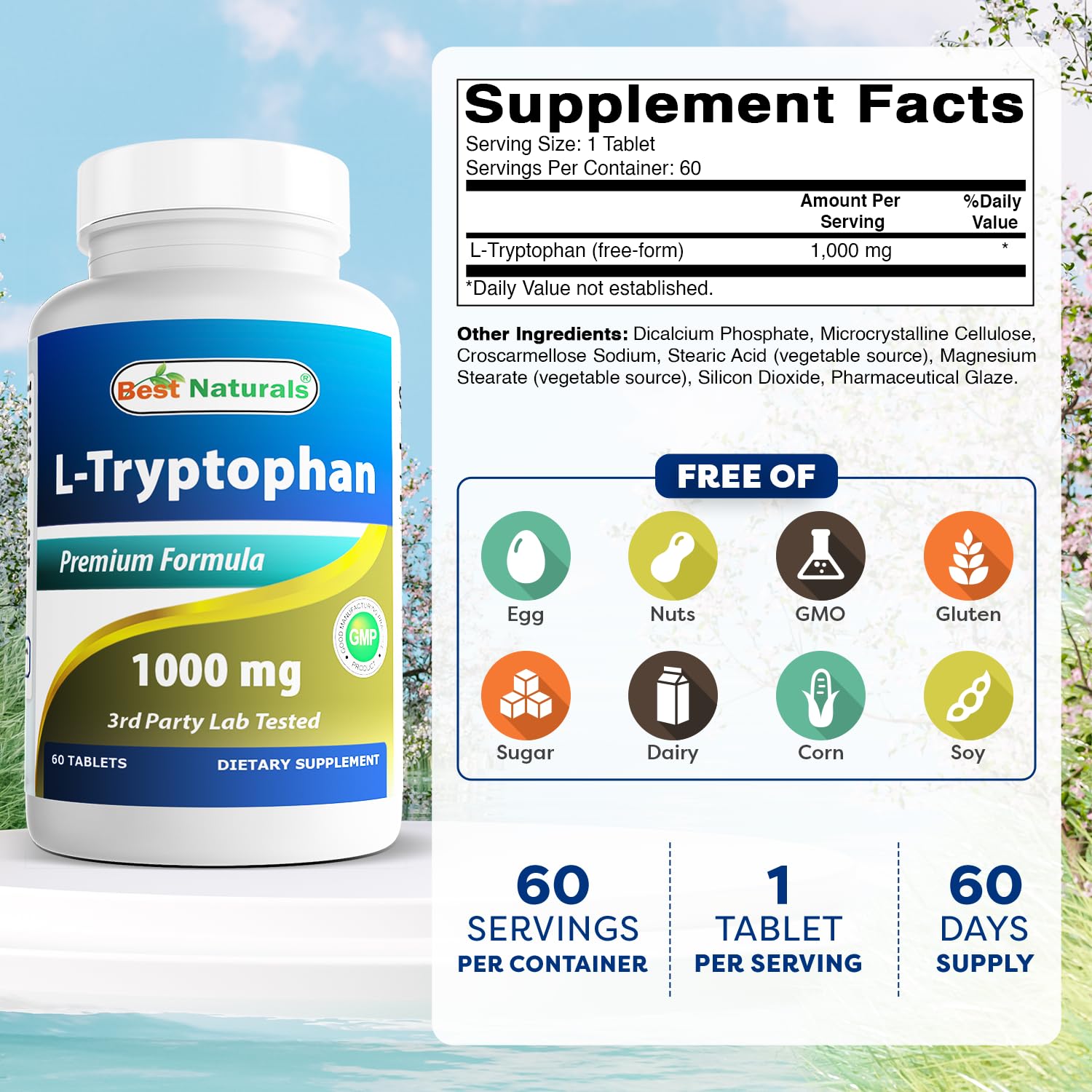 Best Naturals L-Tryptophan 1000 mg tablet side view