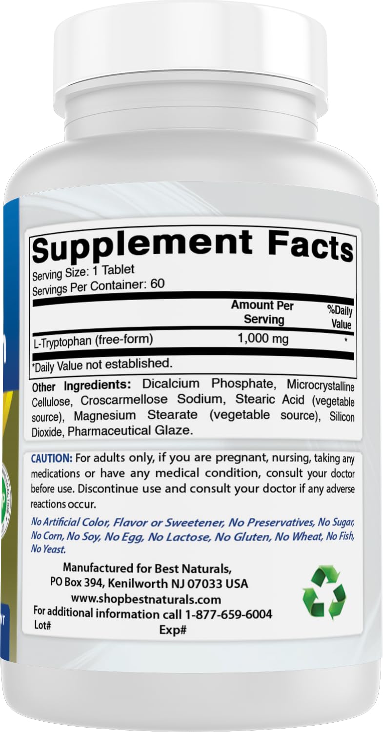 Best Naturals L-Tryptophan 1000 mg tablets with ingredients list