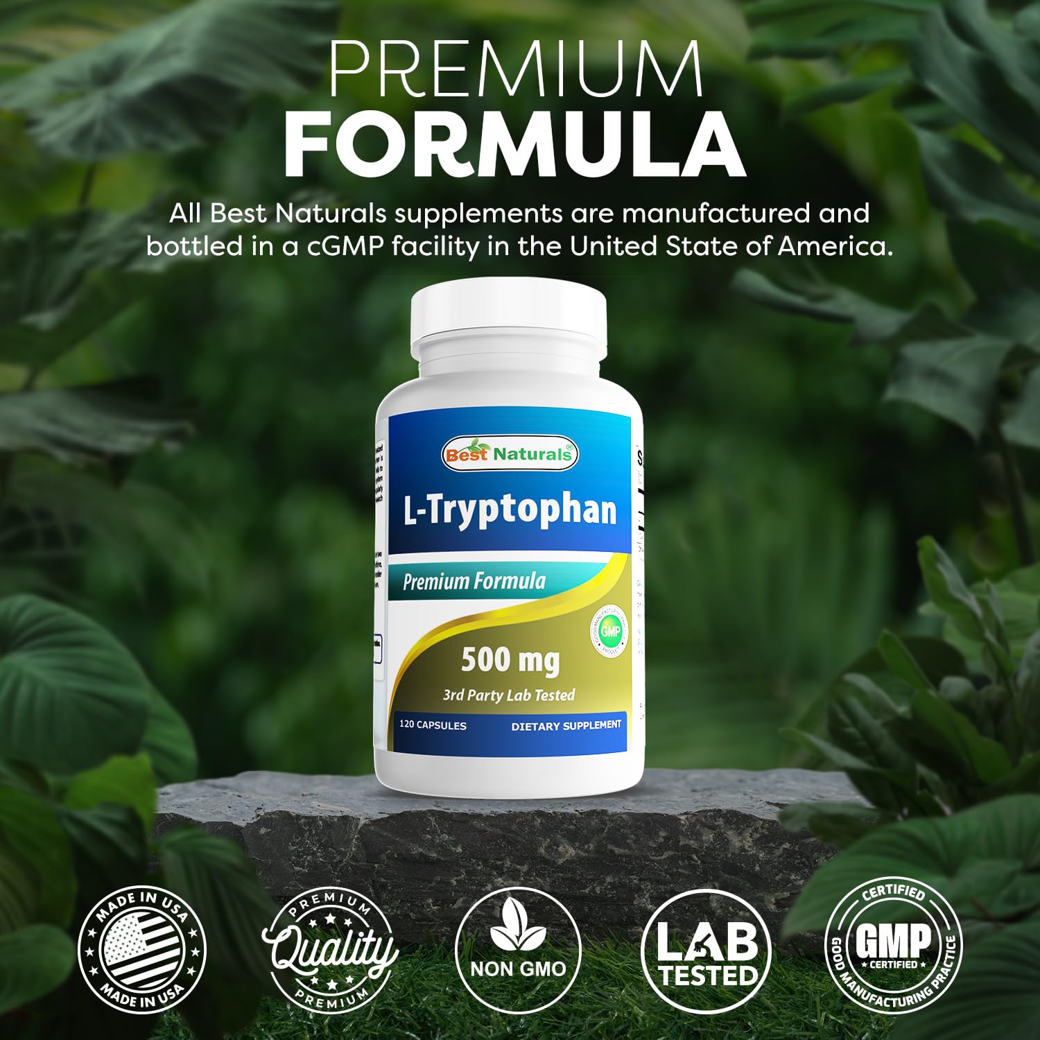 Best Naturals L-Tryptophan 500 mg 120 Capsules close-up of capsules