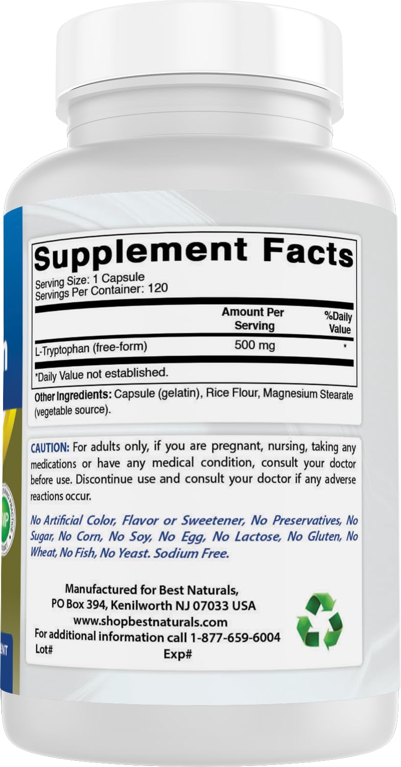 Best Naturals L-Tryptophan 500 mg 120 Capsules on a wooden table