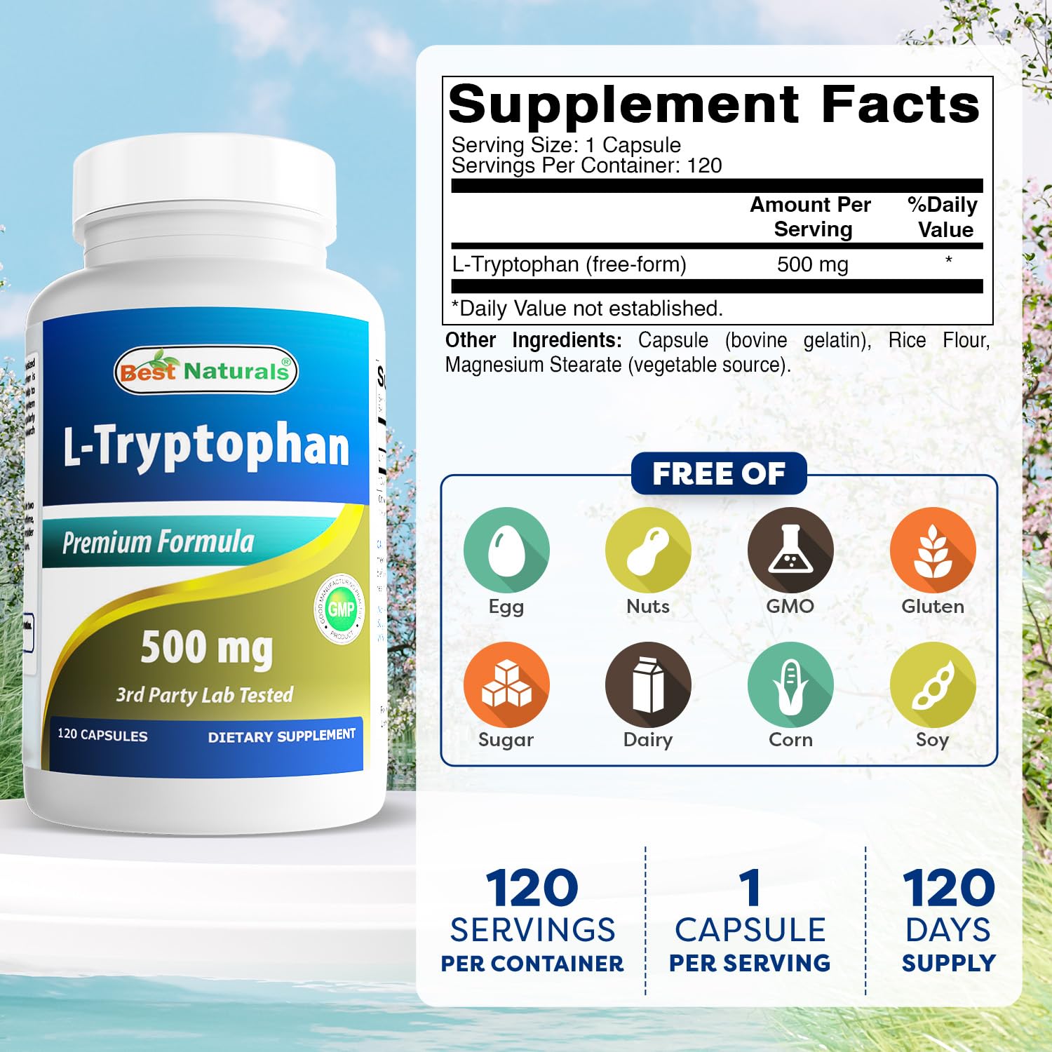Best Naturals L-Tryptophan 500 mg 120 Capsules side view