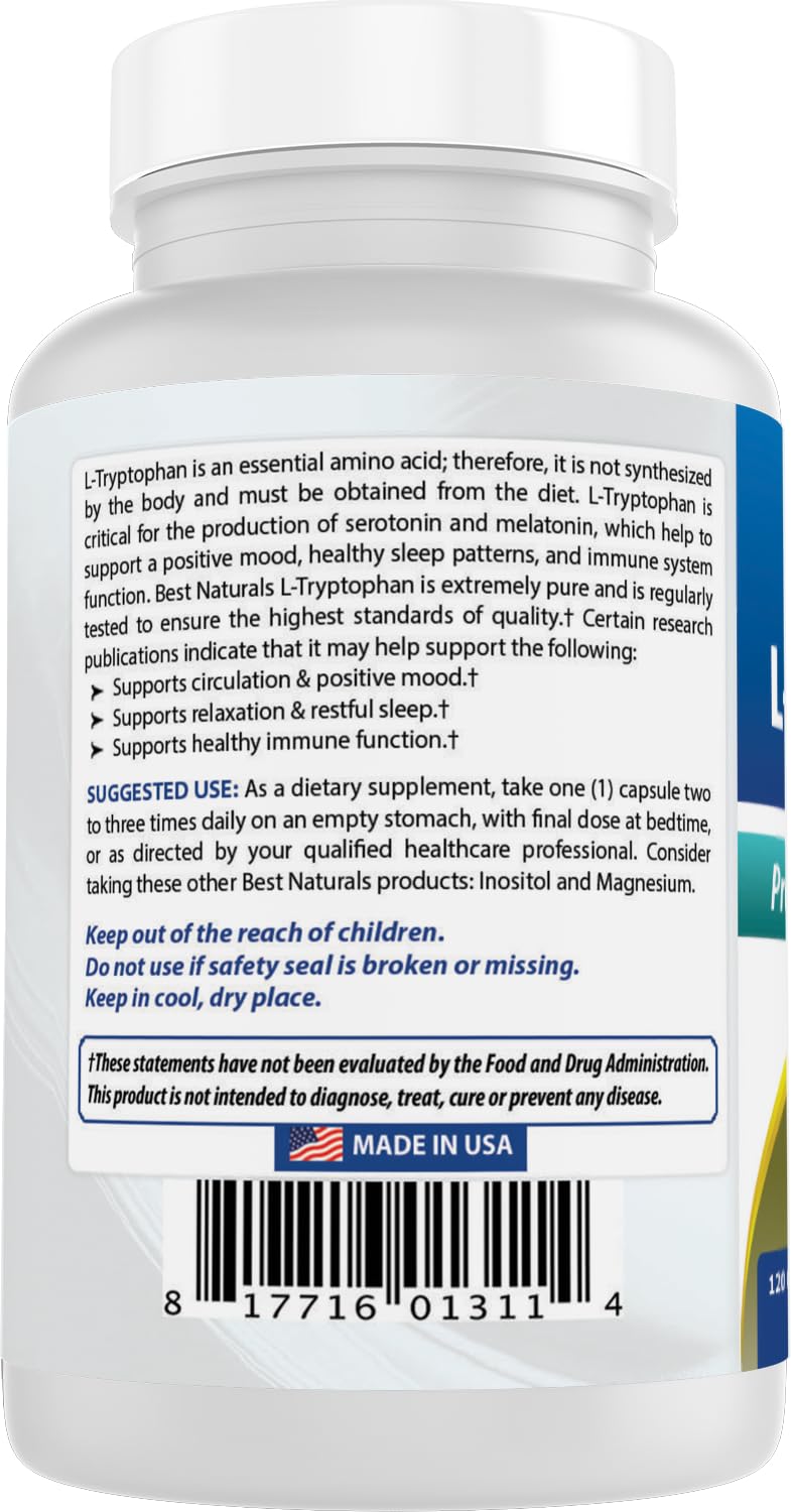Best Naturals L-Tryptophan 500 mg 120 Capsules with a measuring spoon