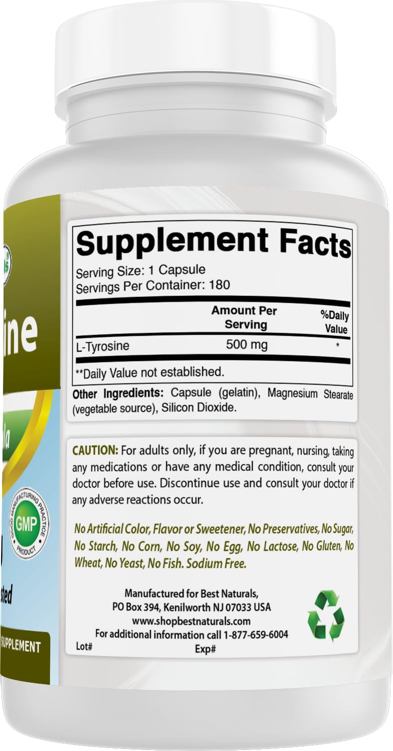 Best Naturals L-Tyrosine 500mg capsules back view