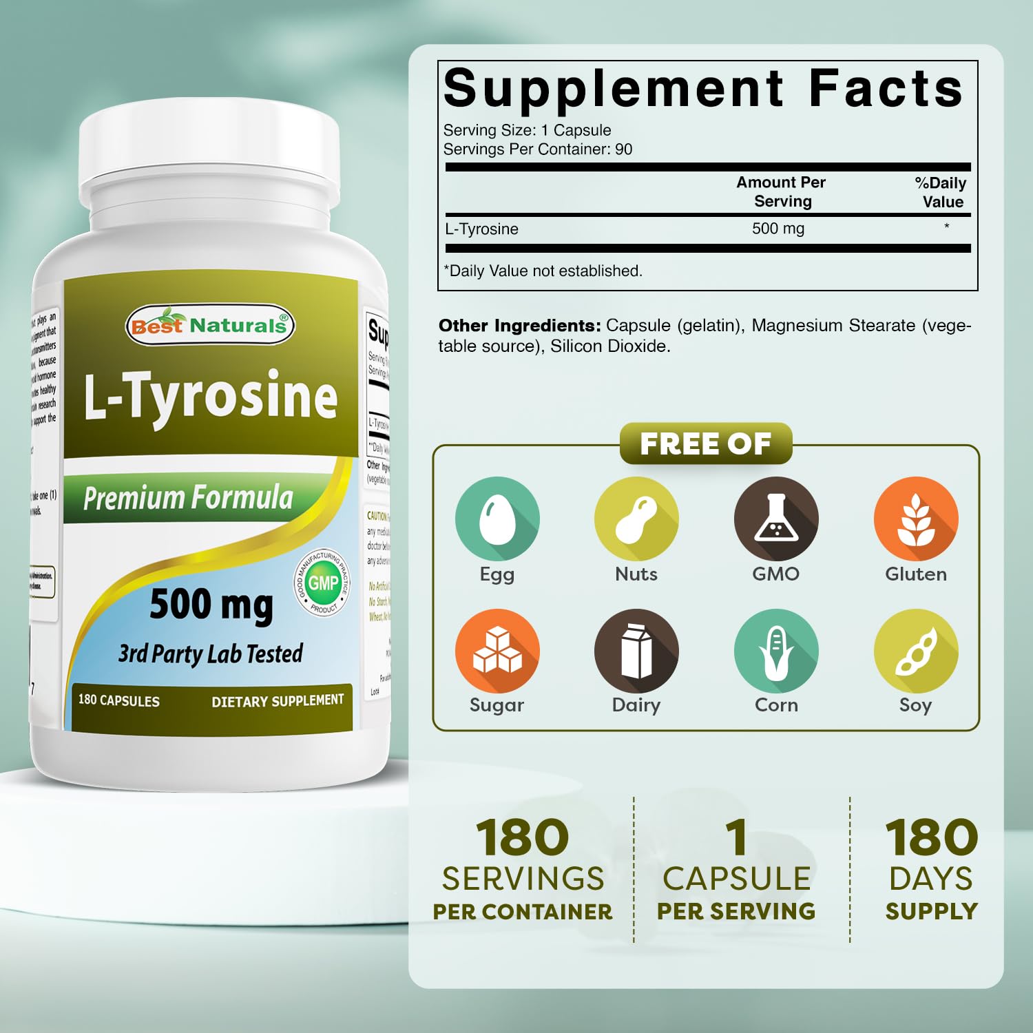 Best Naturals L-Tyrosine 500mg capsules bottle side view