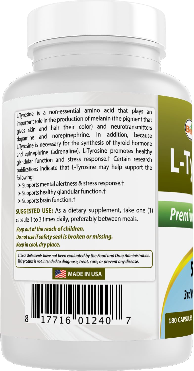 Best Naturals L-Tyrosine 500mg capsules with a glass of water